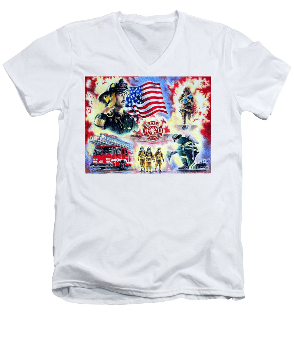 Firefighter Men's V-Neck T-Shirt featuring the drawing American Firefighters by Andrew Read