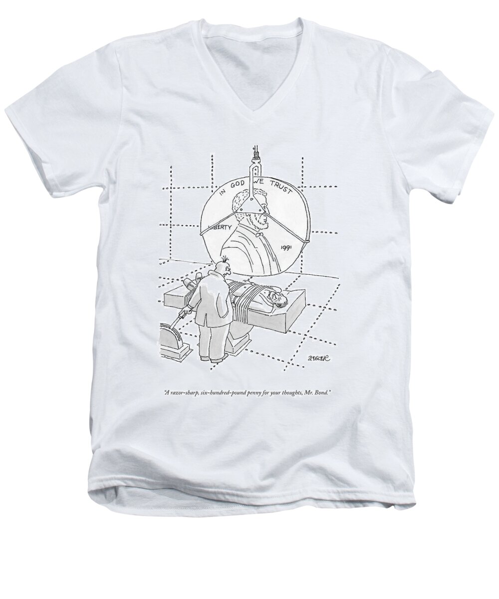 A Razor-sharp Men's V-Neck T-Shirt featuring the drawing An Evil Criminal Holds A Lever That Is Lowering by Jack Ziegler