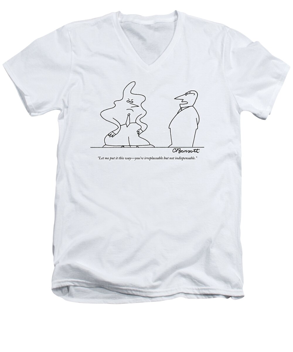 Executives Men's V-Neck T-Shirt featuring the drawing An Executive Fires An Employee Who Is A Strange by Charles Barsotti