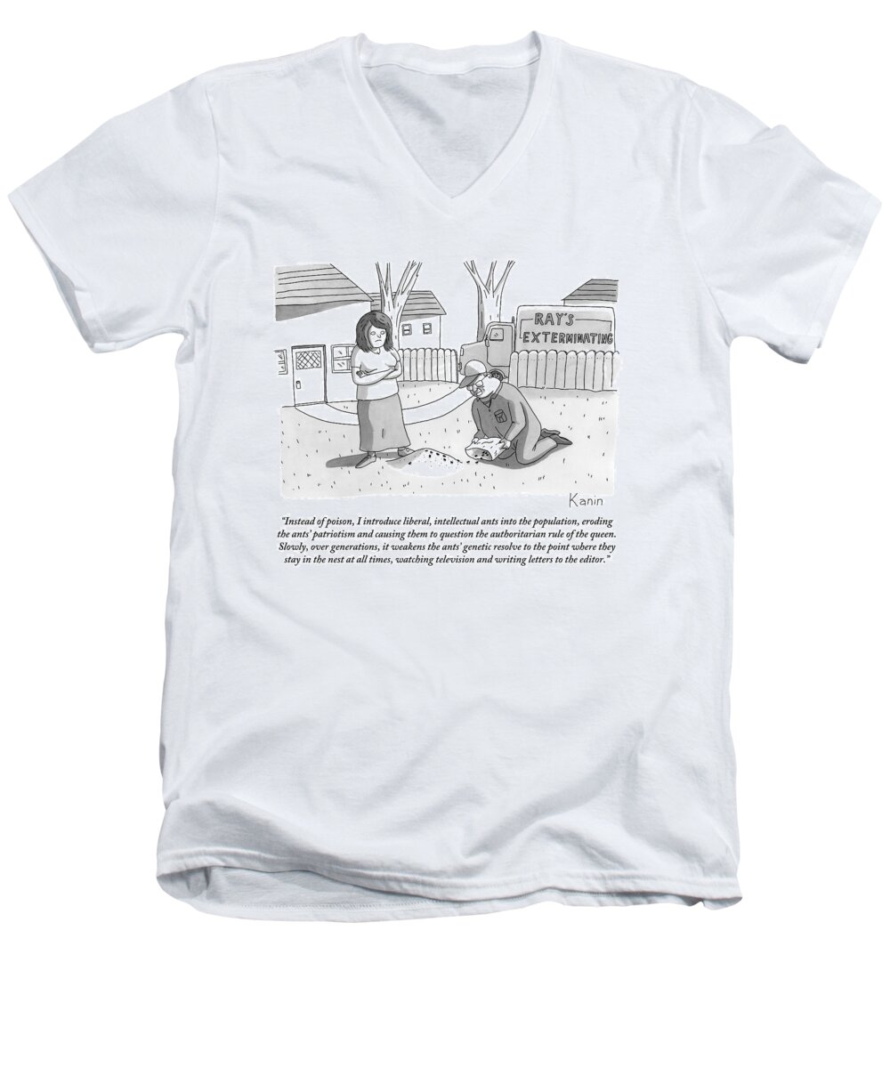 Ants Men's V-Neck T-Shirt featuring the drawing An Exterminator Explains What He Is Doing by Zachary Kanin