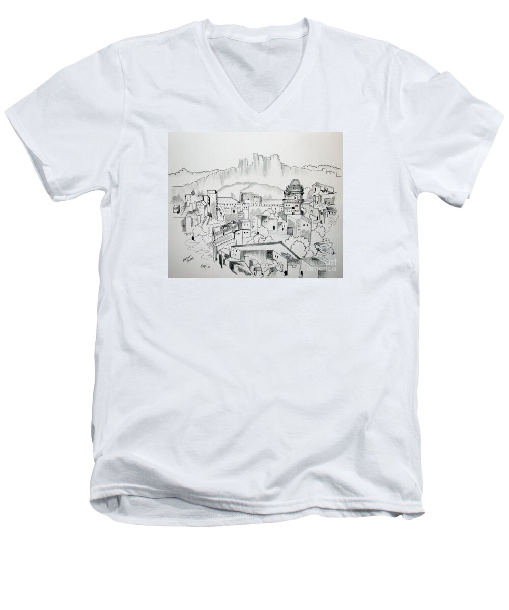 Original Men's V-Neck T-Shirt featuring the drawing Ancient City in Pen and Ink by Janice Pariza