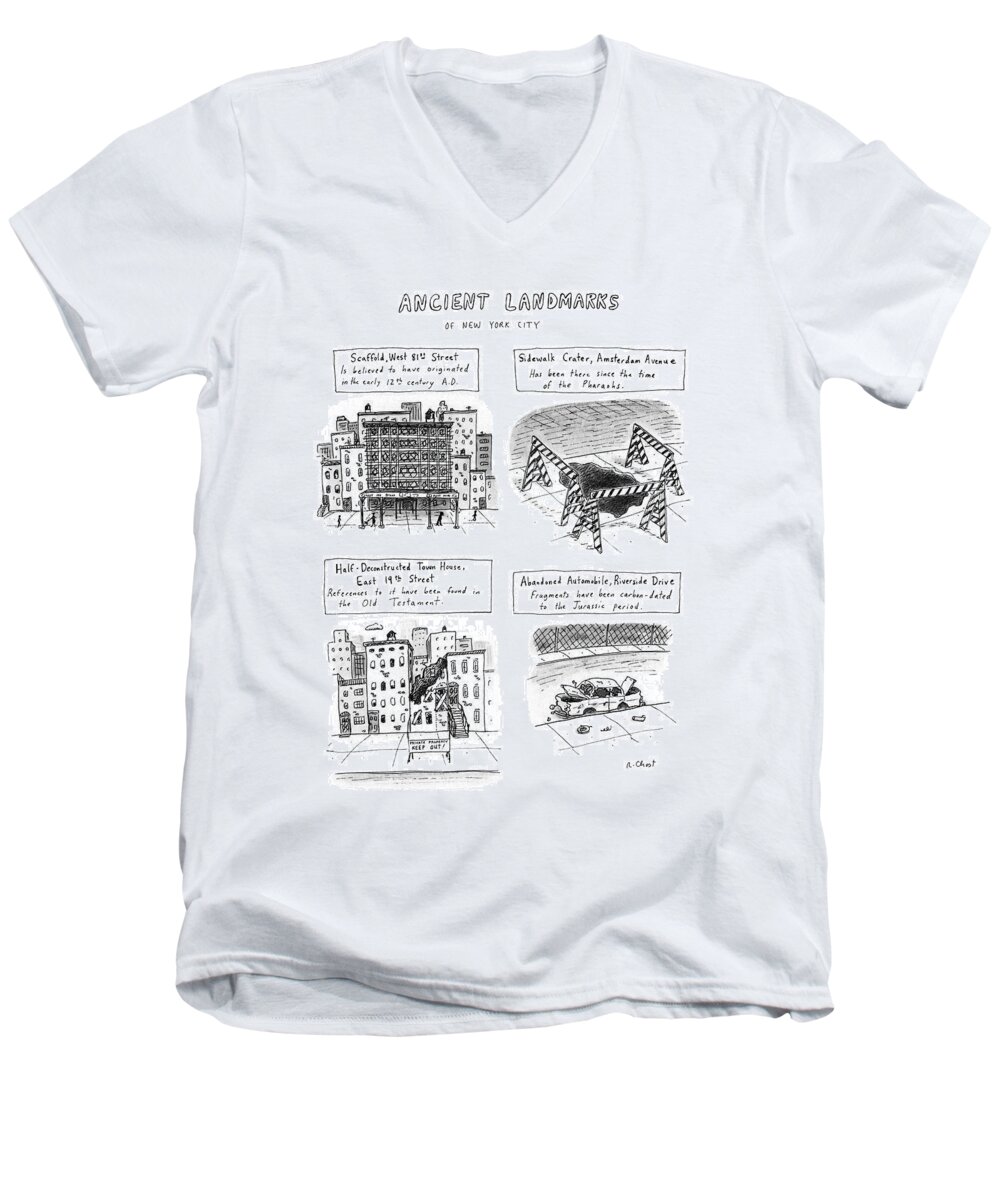 Urban Men's V-Neck T-Shirt featuring the drawing Ancient Landmarks Of New York City by Roz Chast