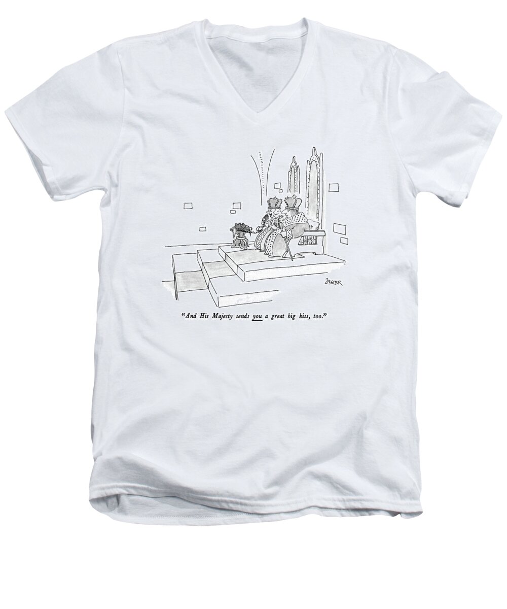 Royalty Men's V-Neck T-Shirt featuring the drawing And His Majesty Sends You A Great Big Kiss by Jack Ziegler