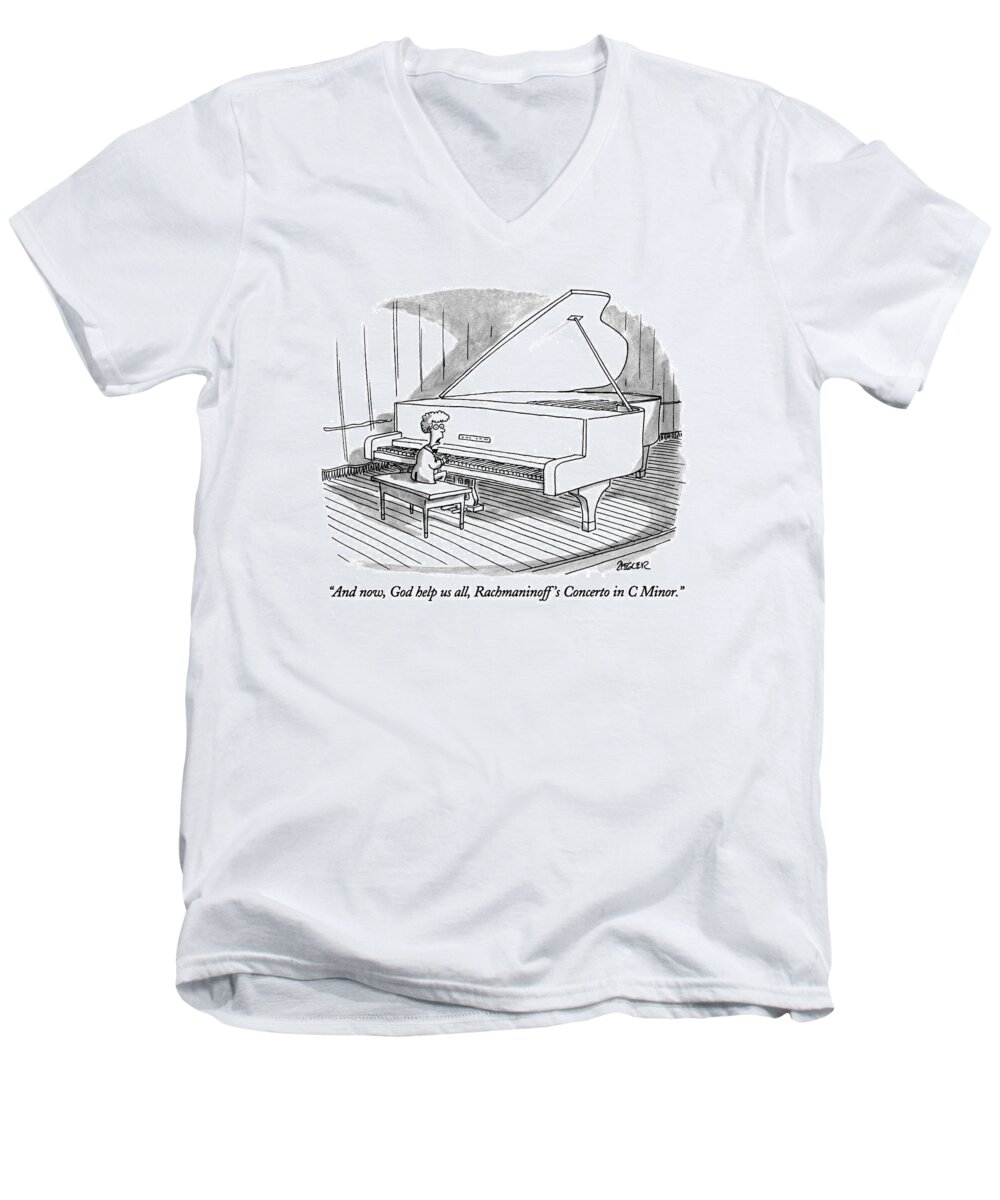 

 Child To Audience As He Sits Down At Grand Piano To Begin Concert. Children Men's V-Neck T-Shirt featuring the drawing And Now, God Help Us All, Rachmaninoff's Concerto by Jack Ziegler