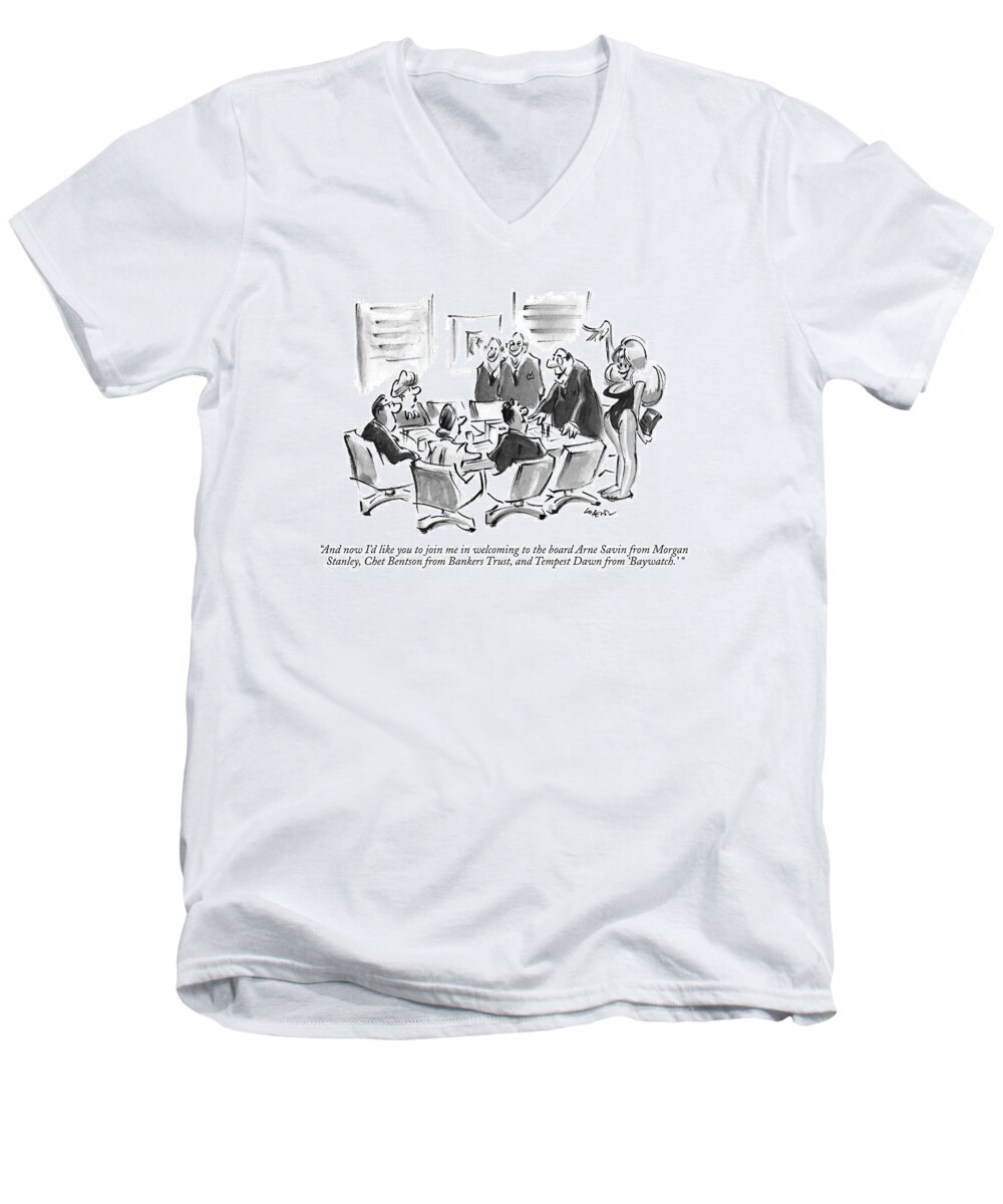 Business Men's V-Neck T-Shirt featuring the drawing And Now I'd Like You To Join Me In Welcoming by Lee Lorenz