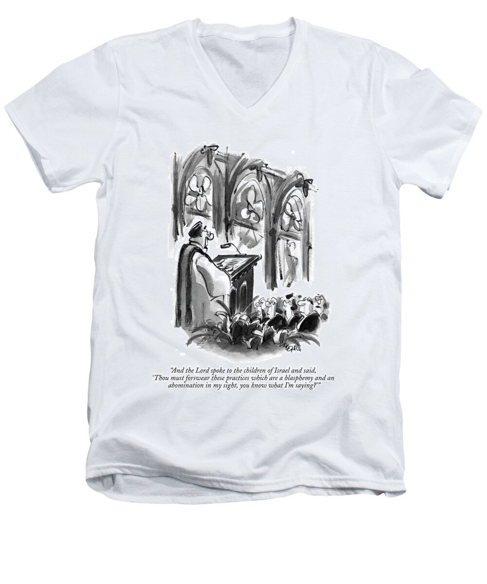 Religion Men's V-Neck T-Shirt featuring the drawing And The Lord Spoke To The Children Of Israel by Lee Lorenz