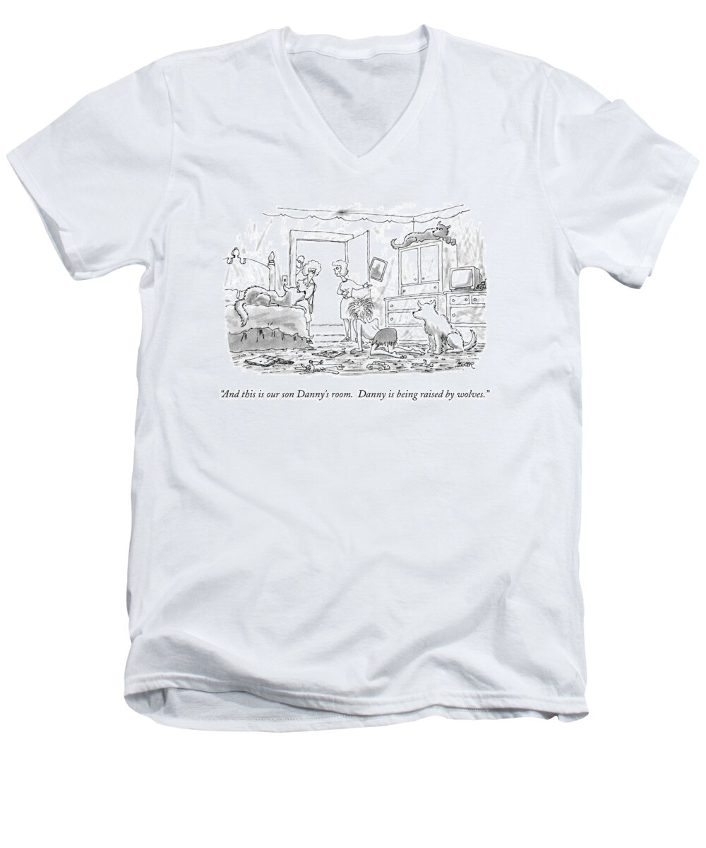 Televison Men's V-Neck T-Shirt featuring the drawing And This Is Our Son Danny's Room. Danny by Jack Ziegler
