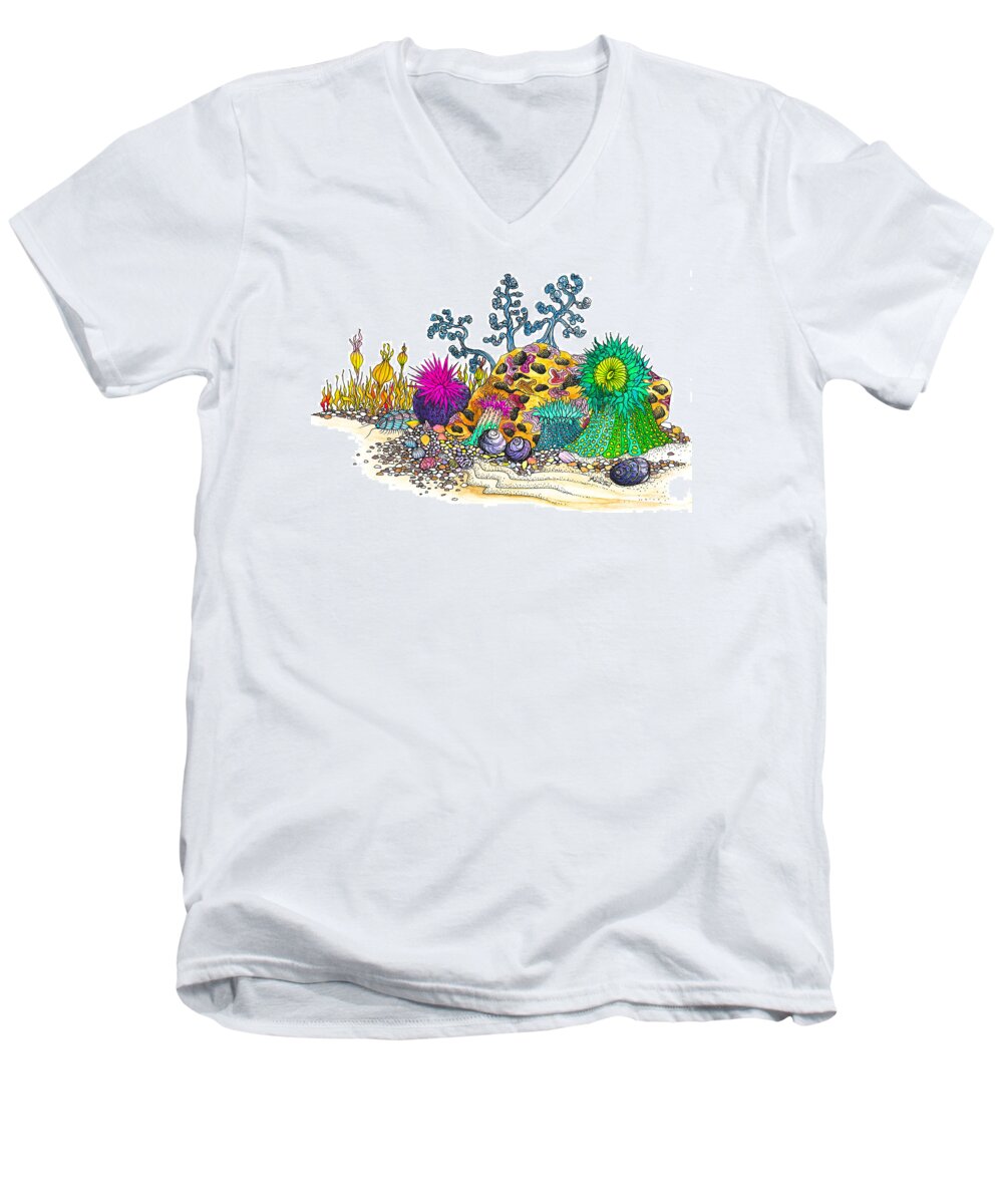 Adria Trail Men's V-Neck T-Shirt featuring the drawing Anemone Garden by Adria Trail
