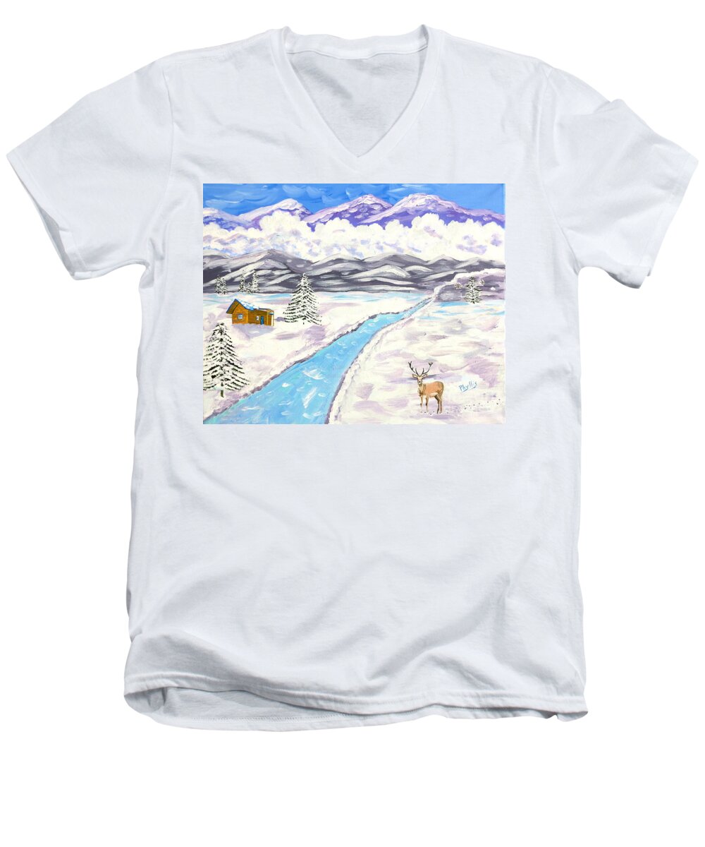 High Mountains Men's V-Neck T-Shirt featuring the painting Antlers and Snow by Phyllis Kaltenbach