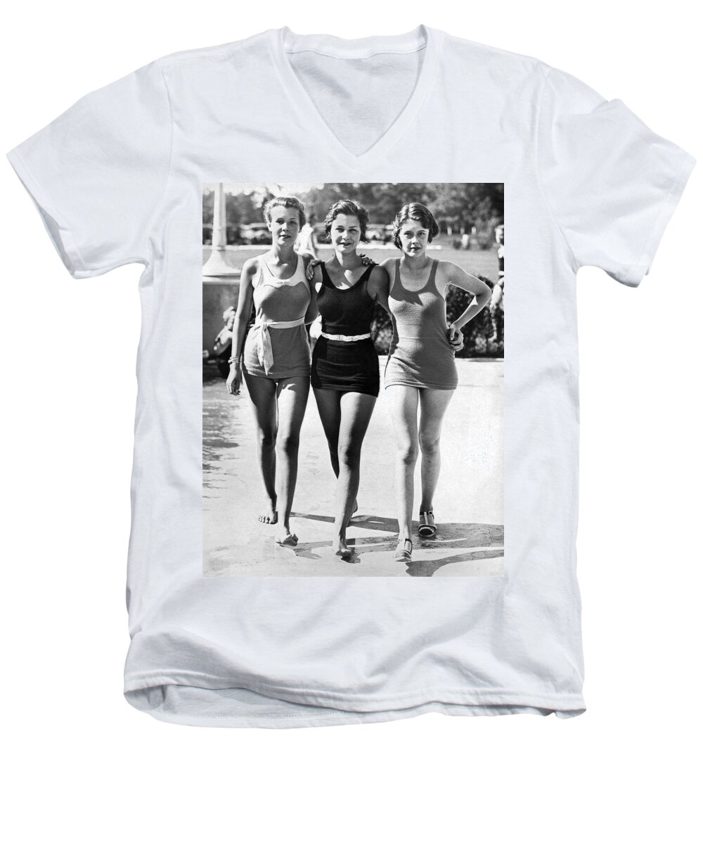 1930s Men's V-Neck T-Shirt featuring the photograph Army Bathing Suit Trio by Underwood Archives