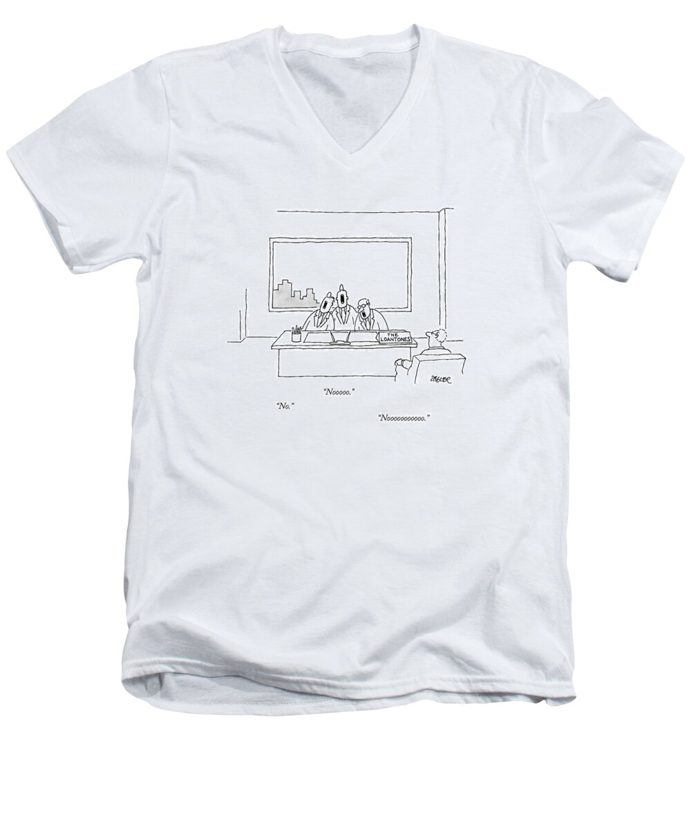 Captionless Barber Shop Quartet Men's V-Neck T-Shirt featuring the drawing At A Desk, With A Placard That Says by Jack Ziegler