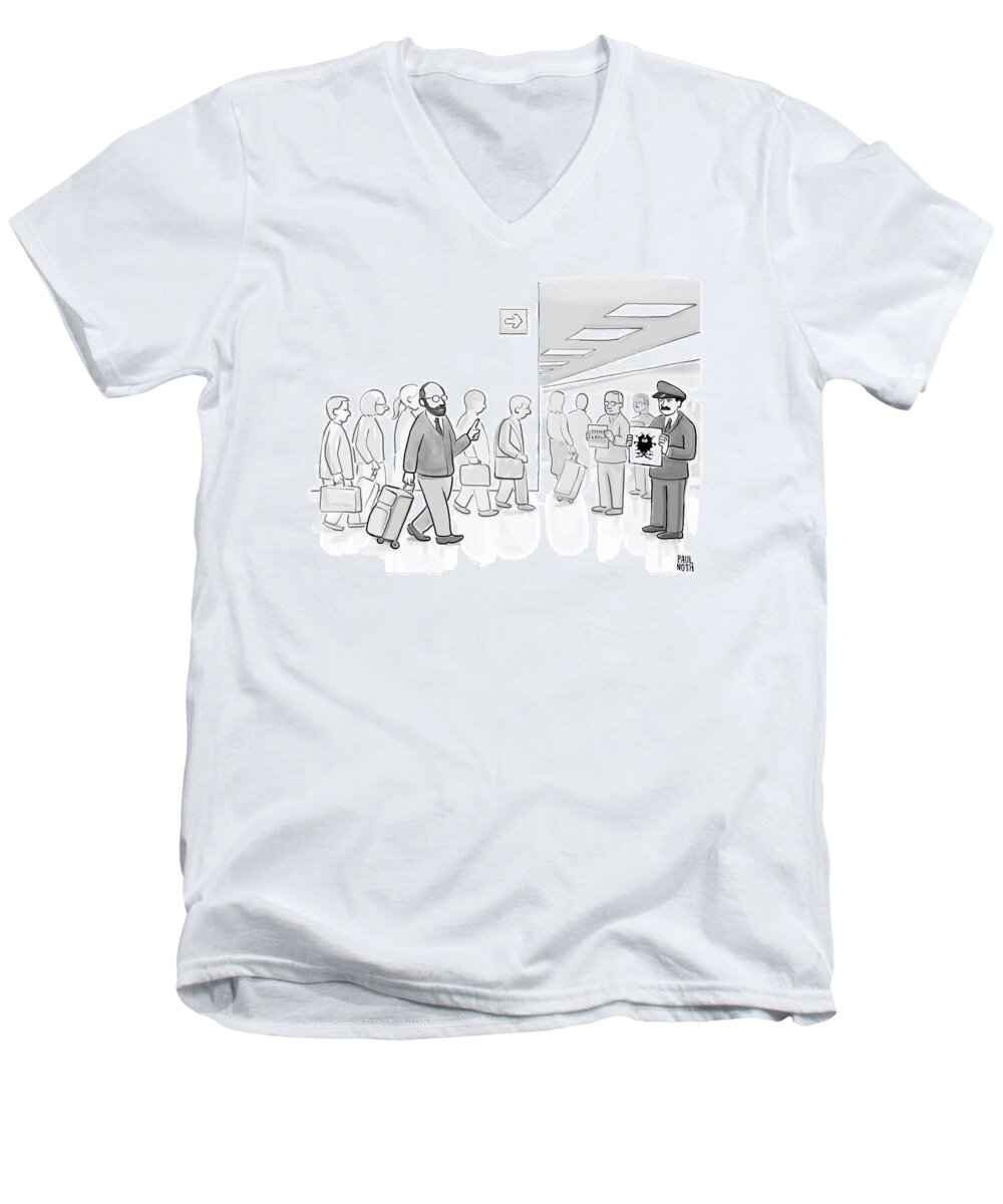 Captionless Rorshach Men's V-Neck T-Shirt featuring the drawing At An Airport by Paul Noth