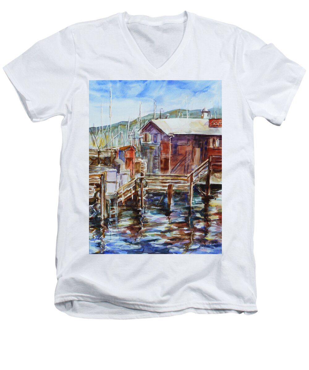 Landscape Men's V-Neck T-Shirt featuring the painting At Monterey Wharf CA by Xueling Zou