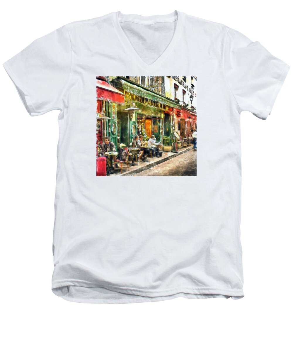 Marian Voicu Men's V-Neck T-Shirt featuring the painting At the Restaurant in Paris by Marian Voicu