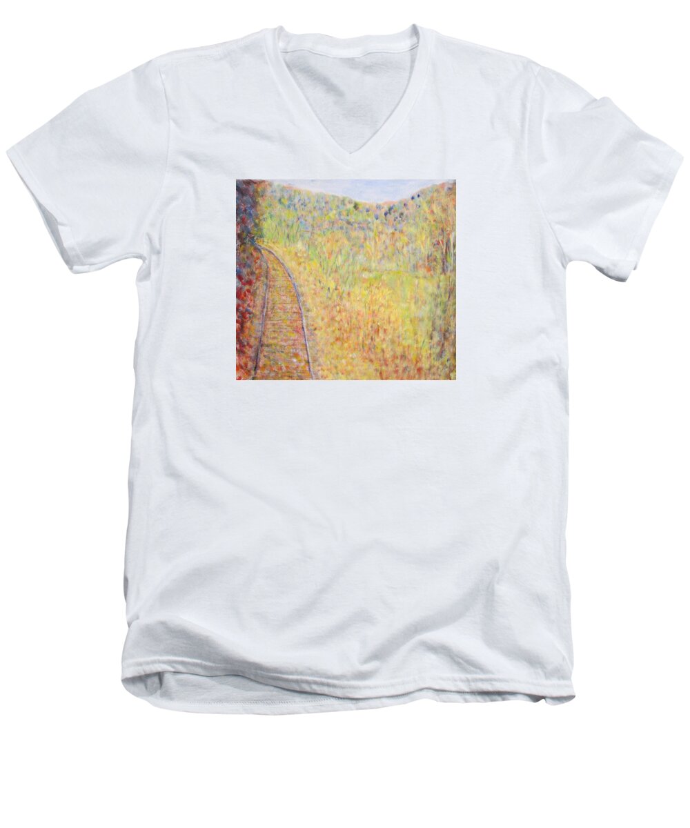 Impressionism Men's V-Neck T-Shirt featuring the painting Autumns Maple Leaves and train tracks by Glenda Crigger