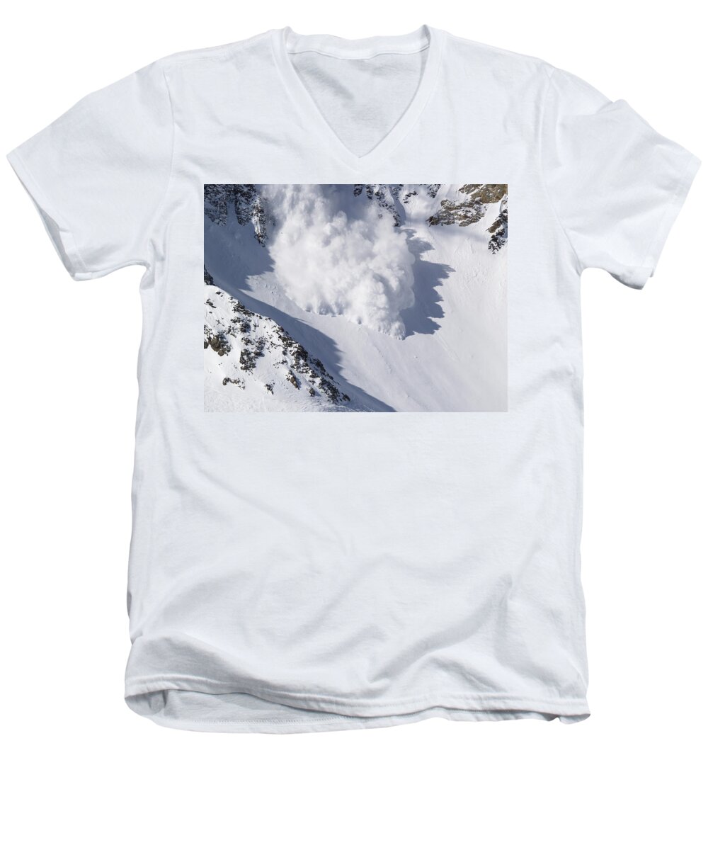 Snow Men's V-Neck T-Shirt featuring the photograph Avalanche III by Bill Gallagher