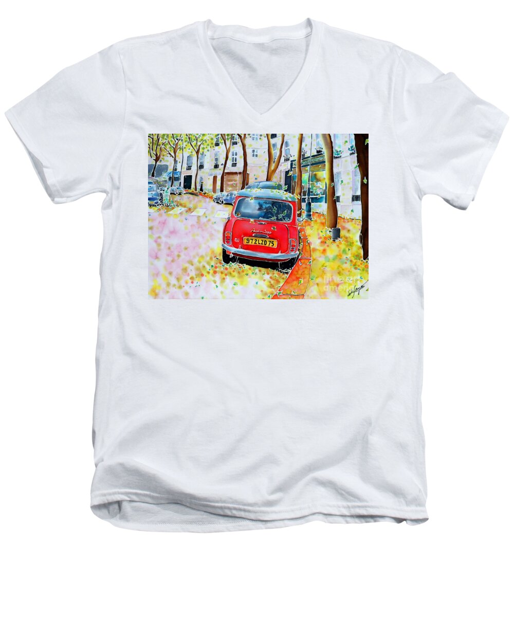 Paris Men's V-Neck T-Shirt featuring the painting Avenue Junot in autumn by Hisayo OHTA