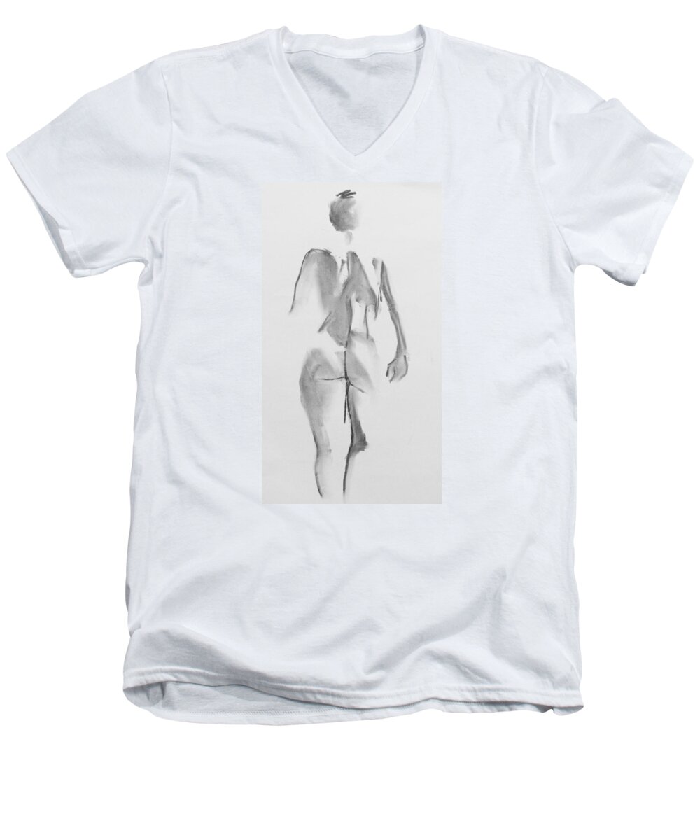 Nude Men's V-Neck T-Shirt featuring the drawing Back Rygg by Marica Ohlsson
