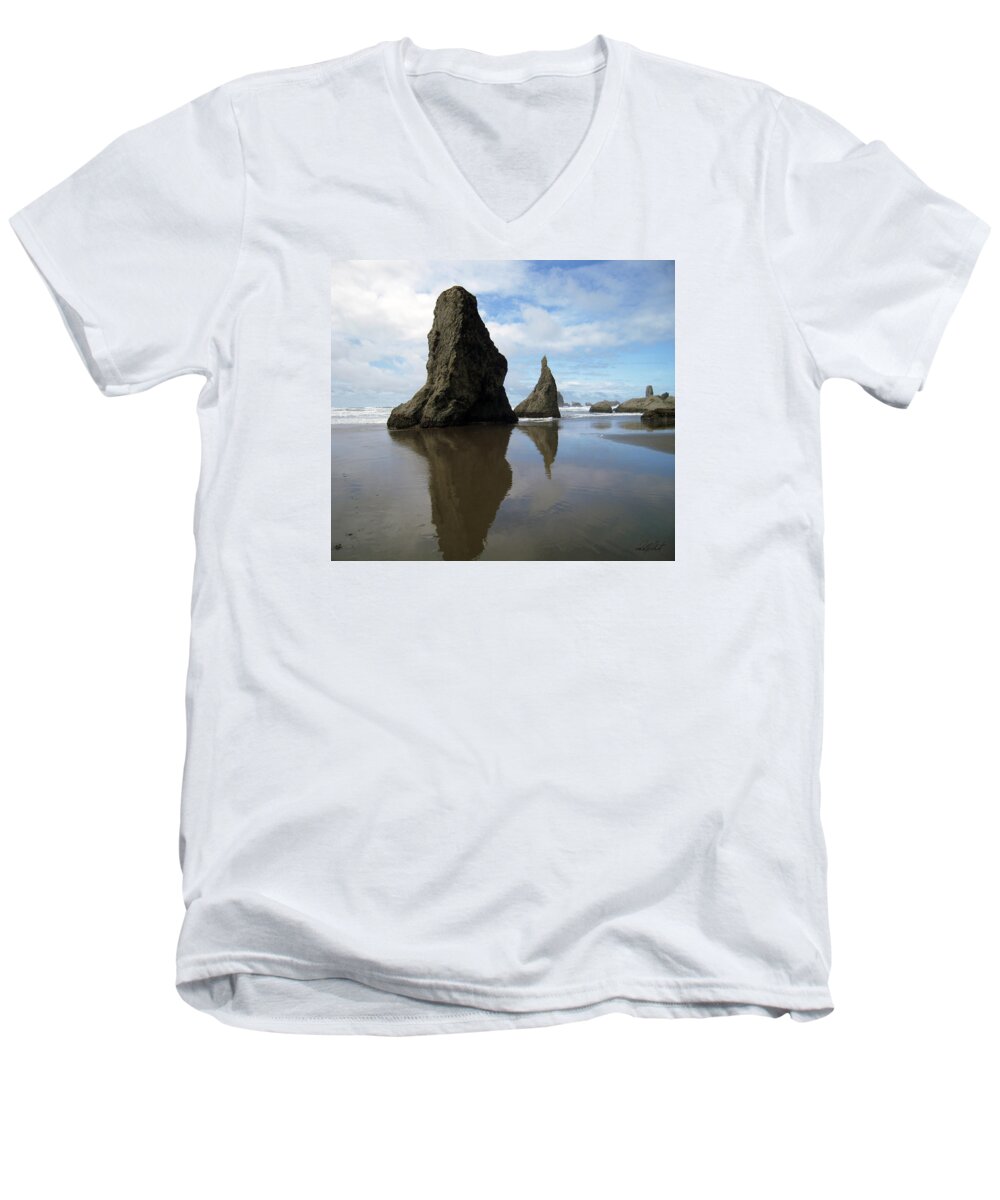 Bandon Men's V-Neck T-Shirt featuring the photograph Bandon Beach Oregon Rock Monoliths by Michele Avanti