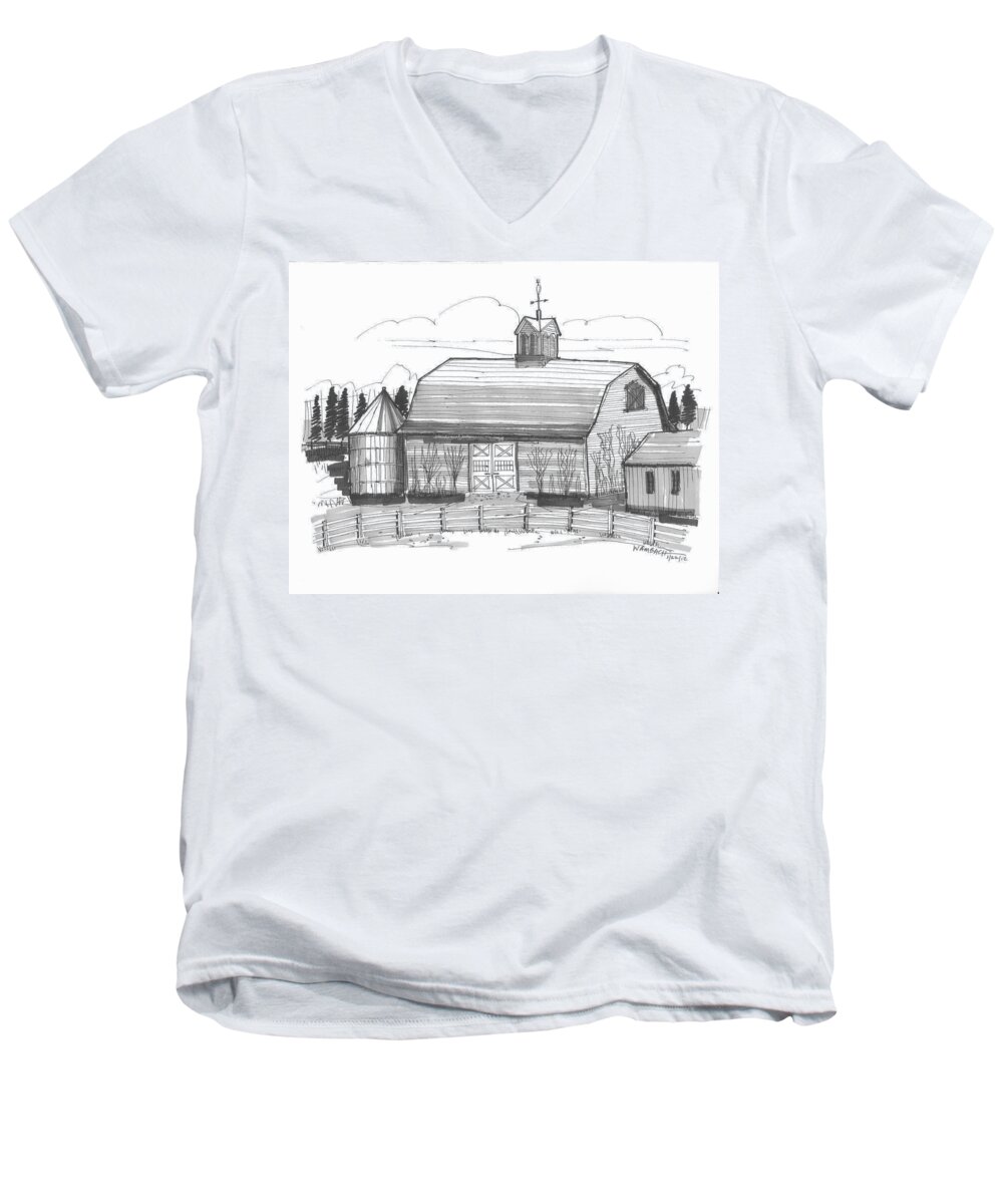 Barn Men's V-Neck T-Shirt featuring the drawing Barrytown Barn by Richard Wambach