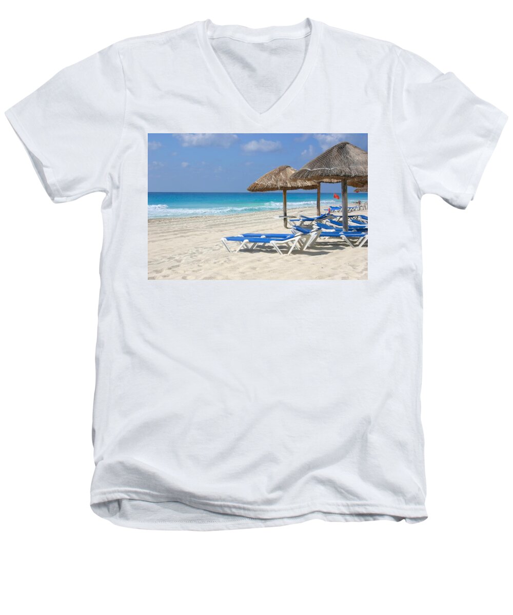 Beach Men's V-Neck T-Shirt featuring the photograph Beach chairs in Cancun by Jane Girardot