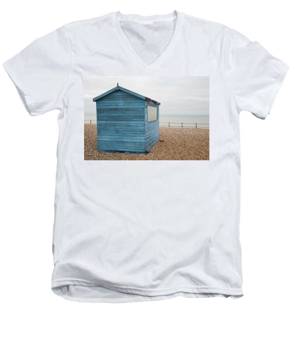 Kingsdown Men's V-Neck T-Shirt featuring the photograph Beach hut at Kingsdown by Ian Middleton