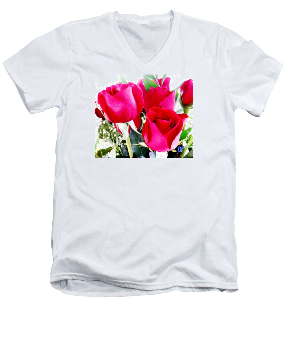#red #neon #roses #valentines Or #any #time Say #i #love #you Men's V-Neck T-Shirt featuring the photograph Beautiful Neon Red Roses by Belinda Lee