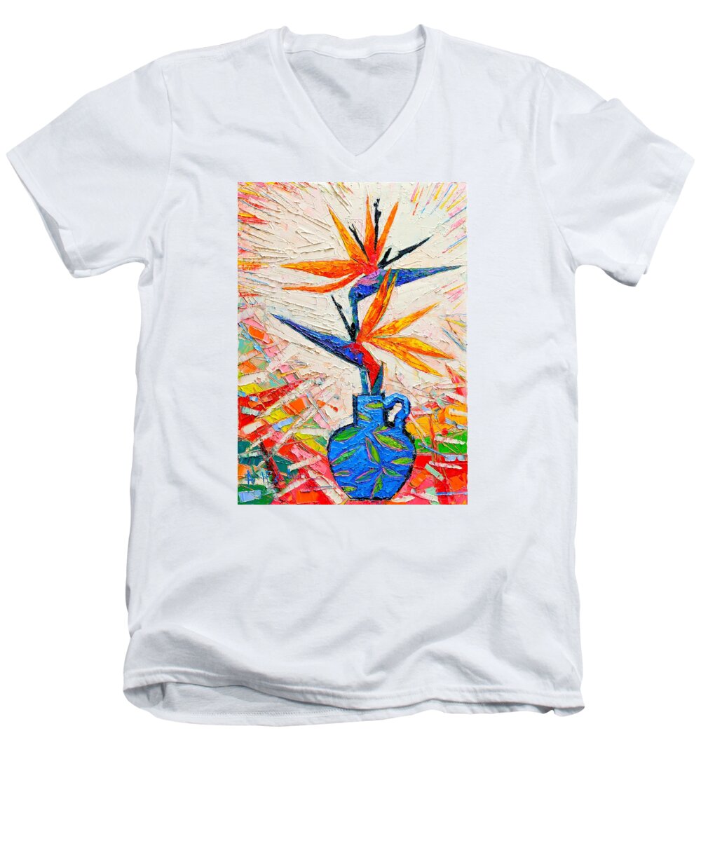 Bird Men's V-Neck T-Shirt featuring the painting Bird Of Paradise Flowers by Ana Maria Edulescu