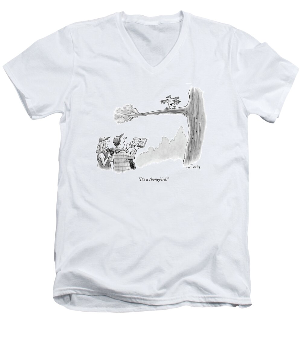 Bird Men's V-Neck T-Shirt featuring the drawing Bird Watchers Spot A Bird Wearing A Thong by Mike Twohy