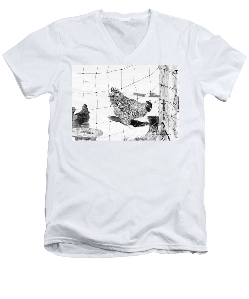 Black Men's V-Neck T-Shirt featuring the photograph Black and White Rooster by Denise Romano