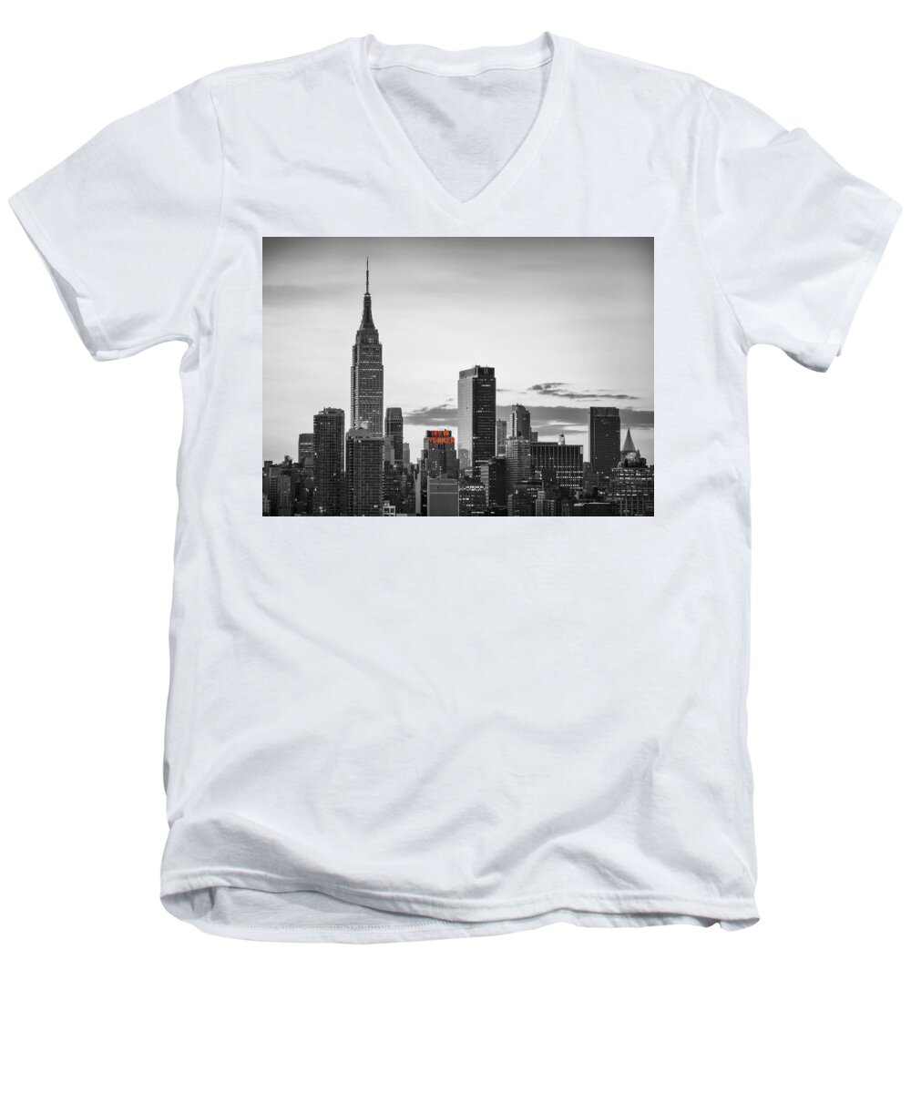 America Men's V-Neck T-Shirt featuring the photograph Black and white version of the New York City skyline with Empire by Eduard Moldoveanu
