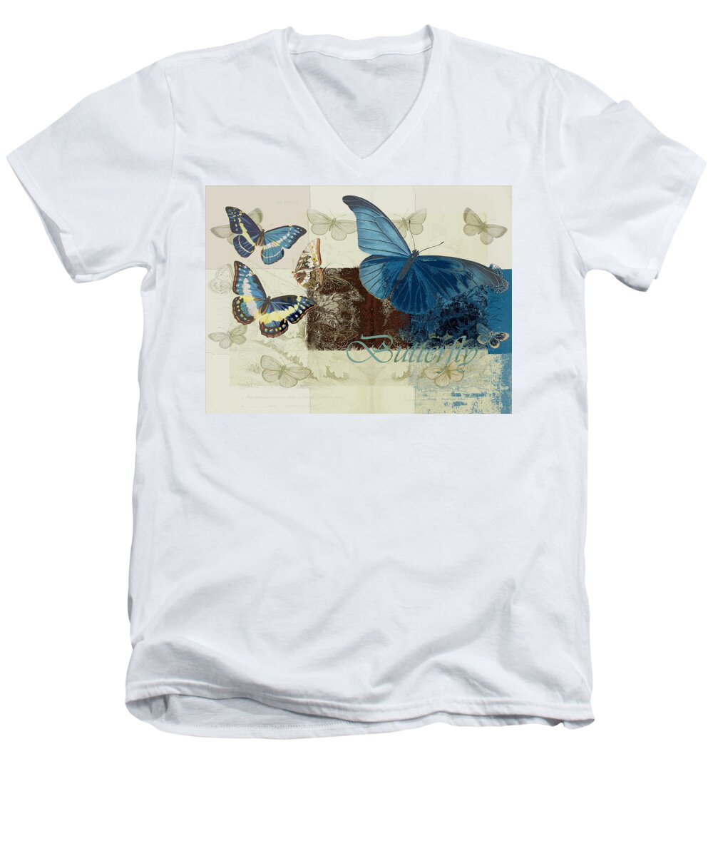 Butterfly Men's V-Neck T-Shirt featuring the digital art Blue Butterfly - j152164152-01 by Variance Collections
