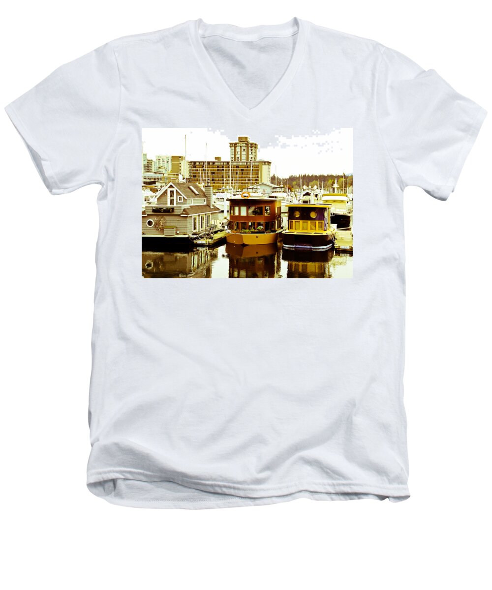Boats Men's V-Neck T-Shirt featuring the photograph Boathouses by Eti Reid