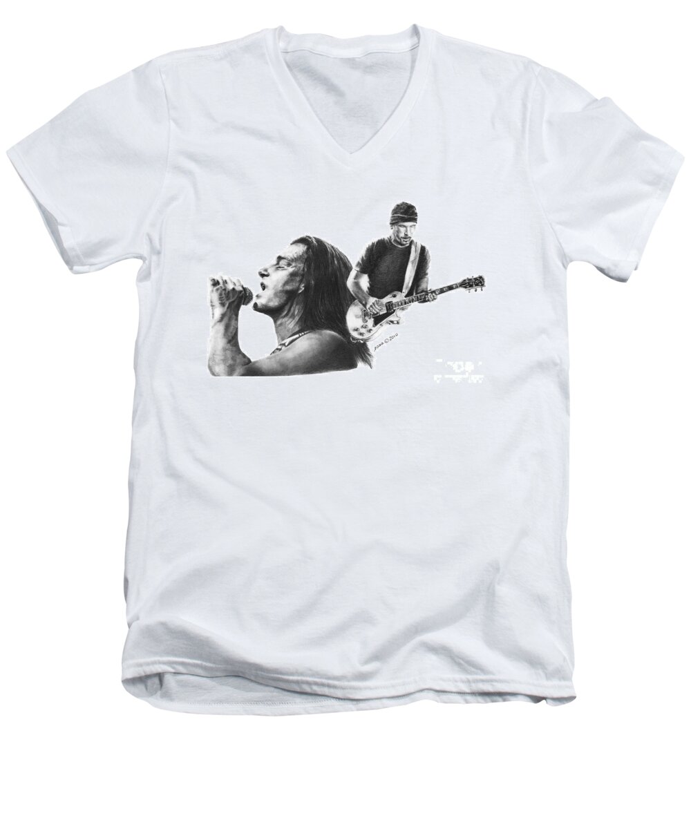 Bono Men's V-Neck T-Shirt featuring the drawing Bono and the Edge by Marianne NANA Betts