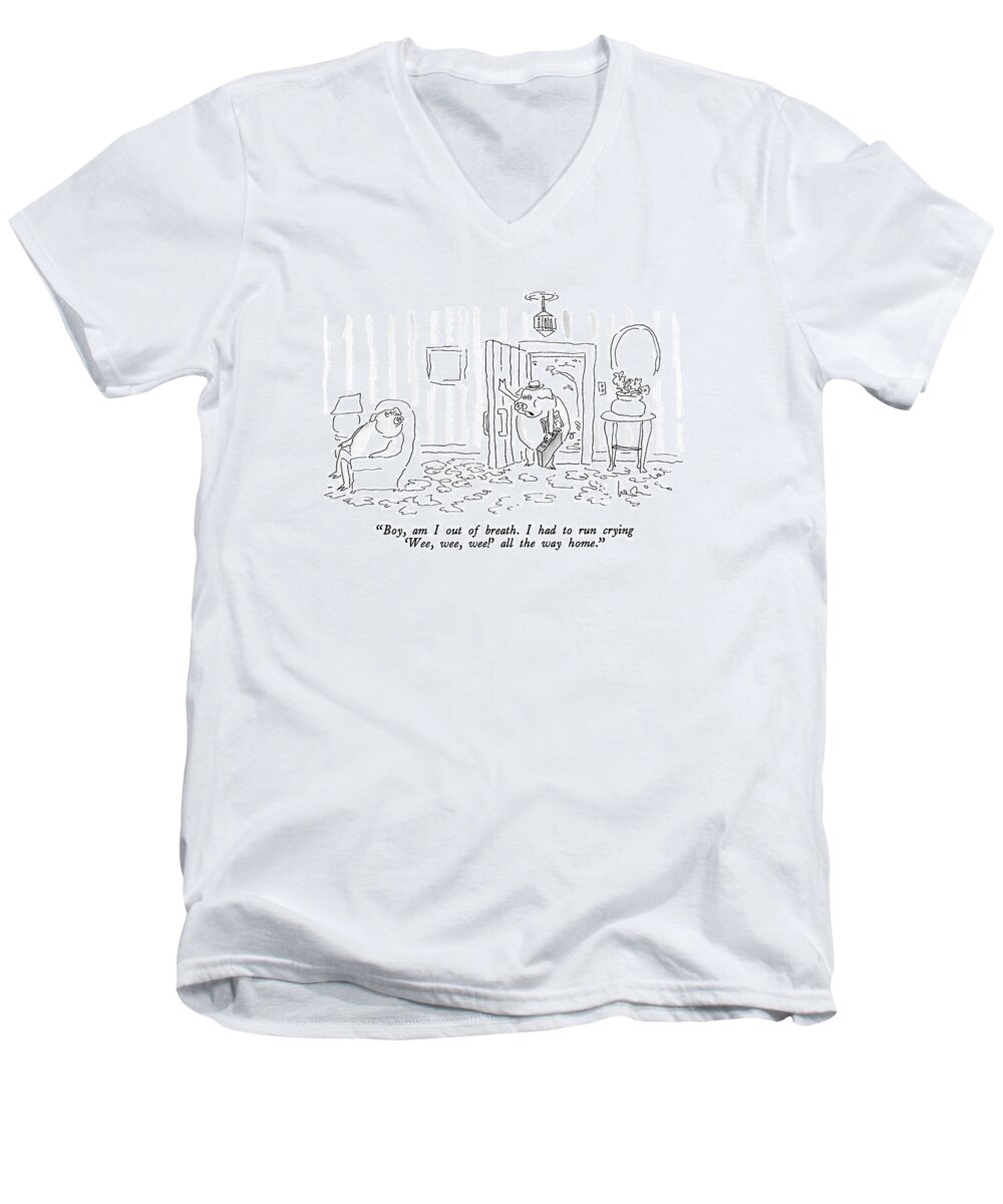 

Boy Men's V-Neck T-Shirt featuring the drawing Boy, Am I Out Of Breath. I Had To Run Crying by Arnie Levin