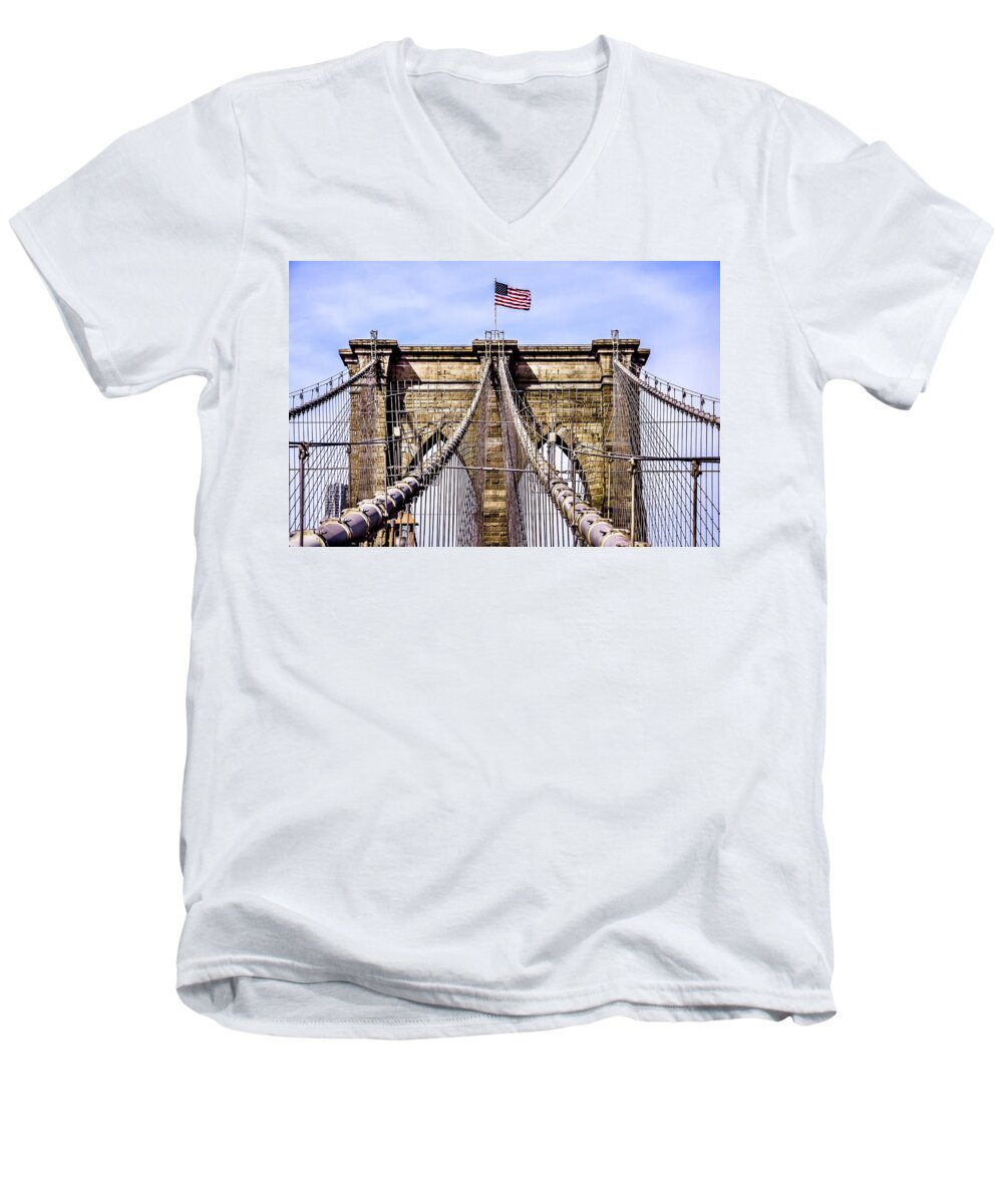 Brooklyn Men's V-Neck T-Shirt featuring the photograph Brooklyn Bridge With Flag by Bill Carson Photography