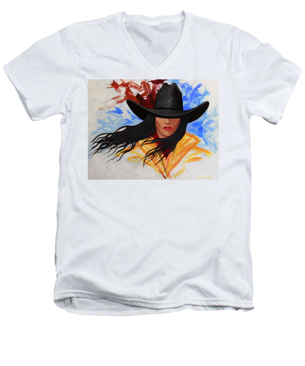 Cowgirl Men's V-Neck T-Shirt featuring the painting Brushstroke Cowgirl #3 by Lance Headlee