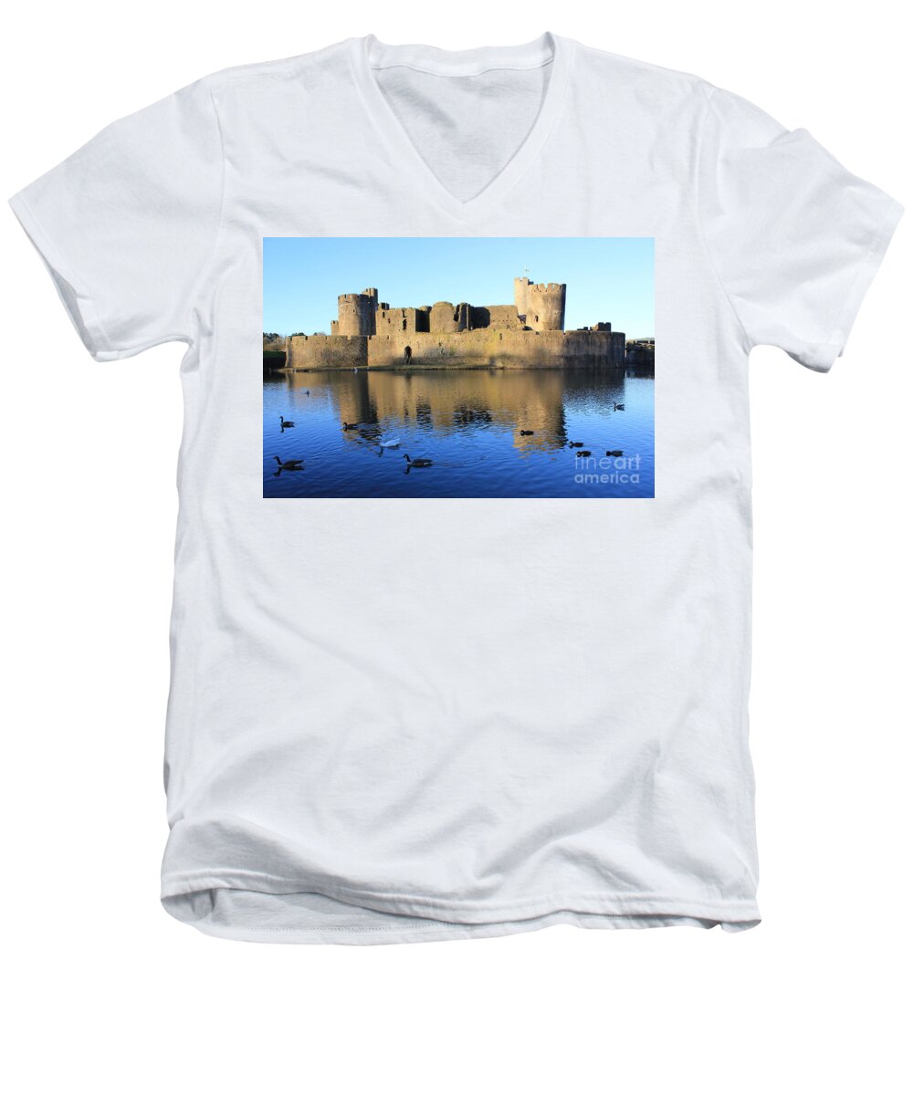 As Is Men's V-Neck T-Shirt featuring the photograph Caerphilly Castle by Vicki Spindler
