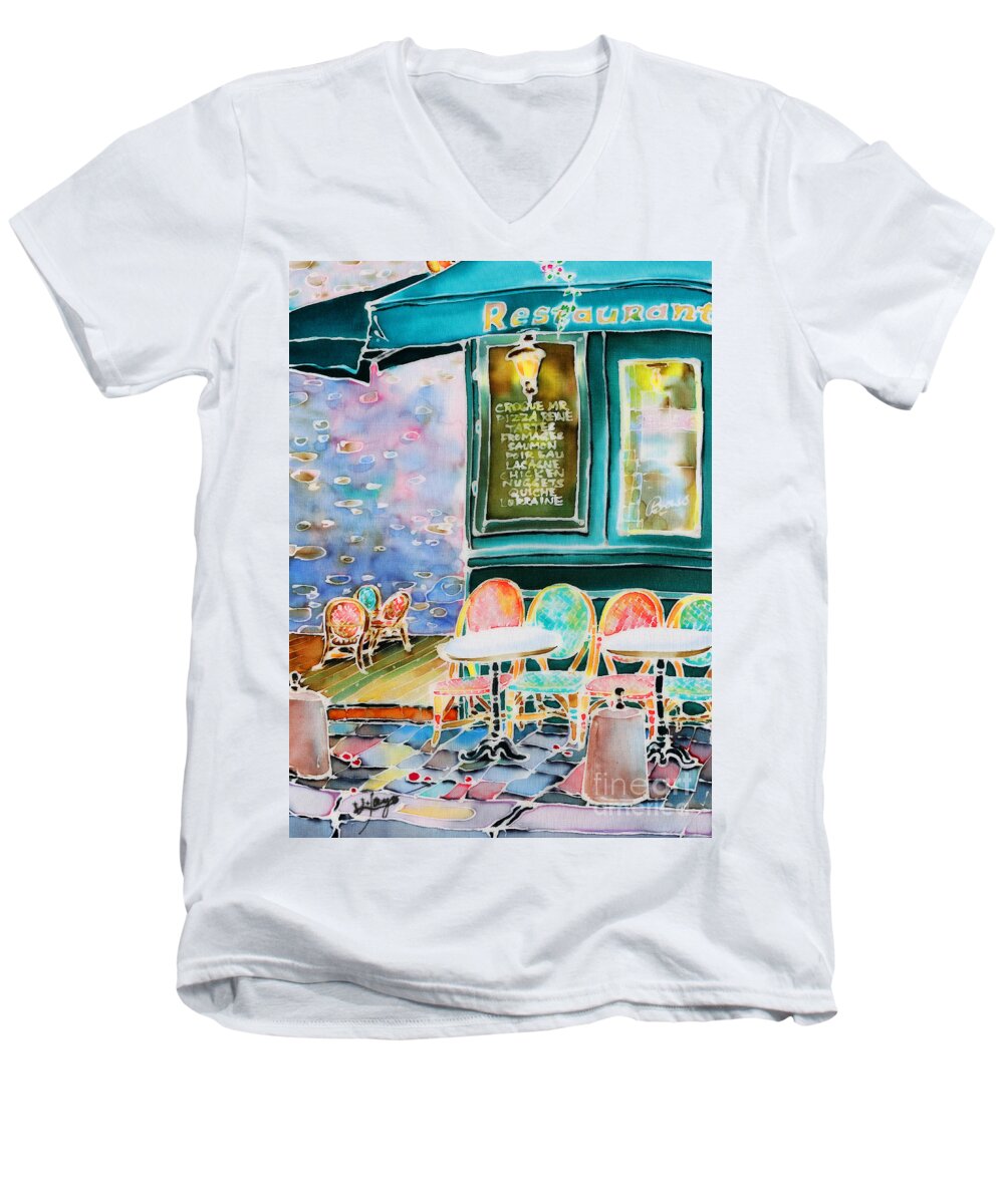 Cafe Men's V-Neck T-Shirt featuring the painting Cafe in Montmartre by Hisayo OHTA