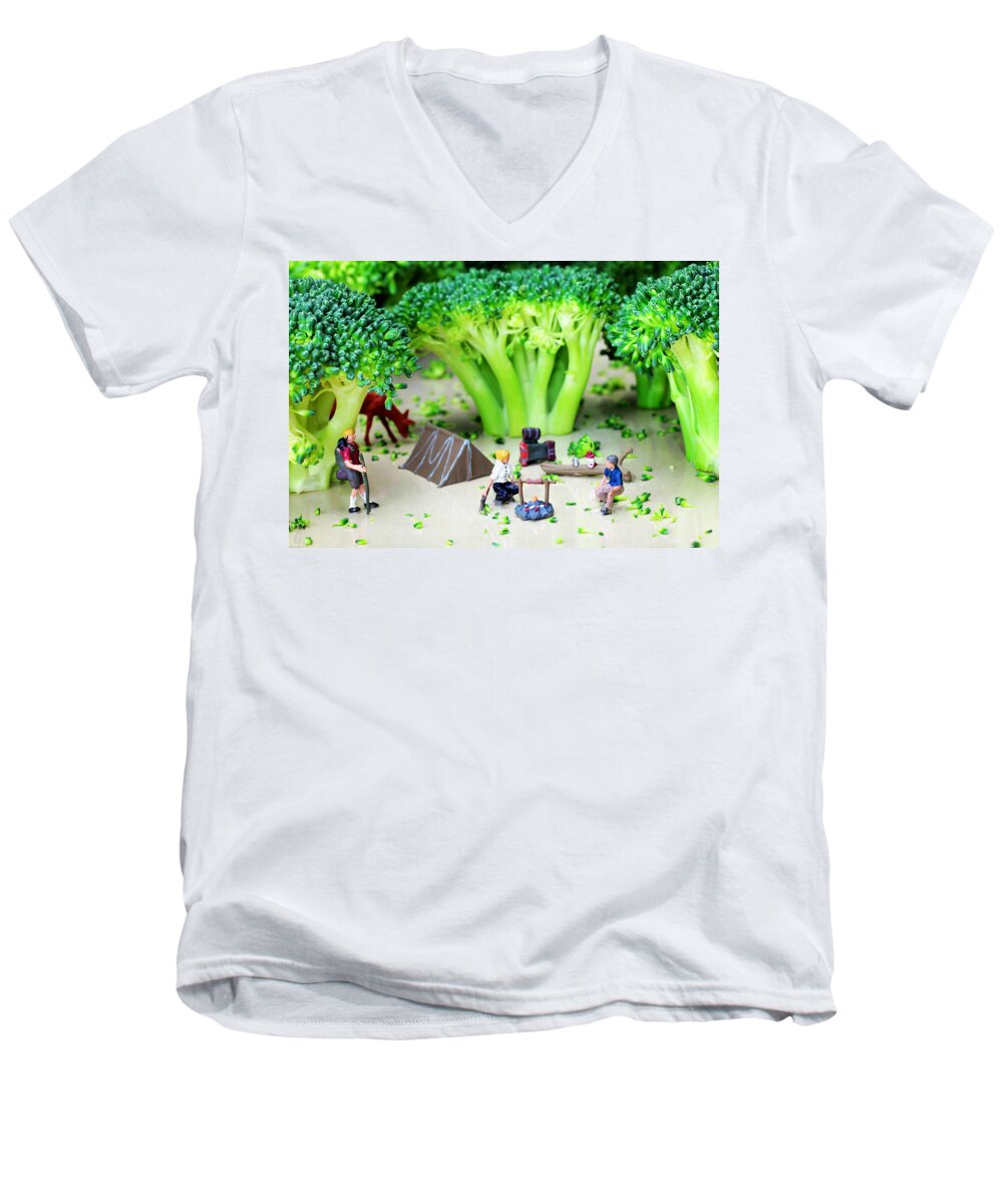 Camping Men's V-Neck T-Shirt featuring the photograph Camping among broccoli jungles miniature art by Paul Ge