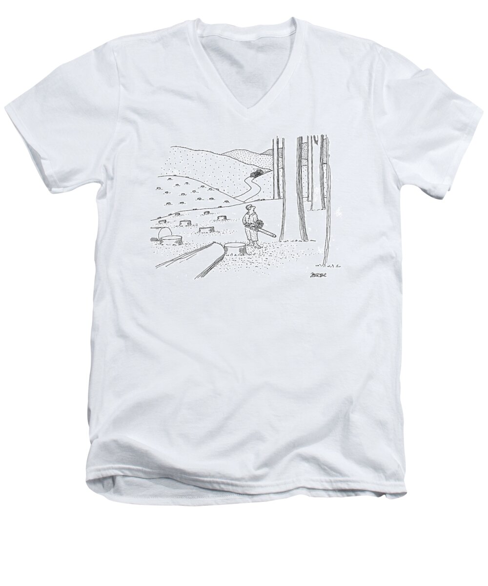 Tk. Trees Men's V-Neck T-Shirt featuring the drawing Caption Contest. A Lumberjack Stands In A Forest by Jack Ziegler