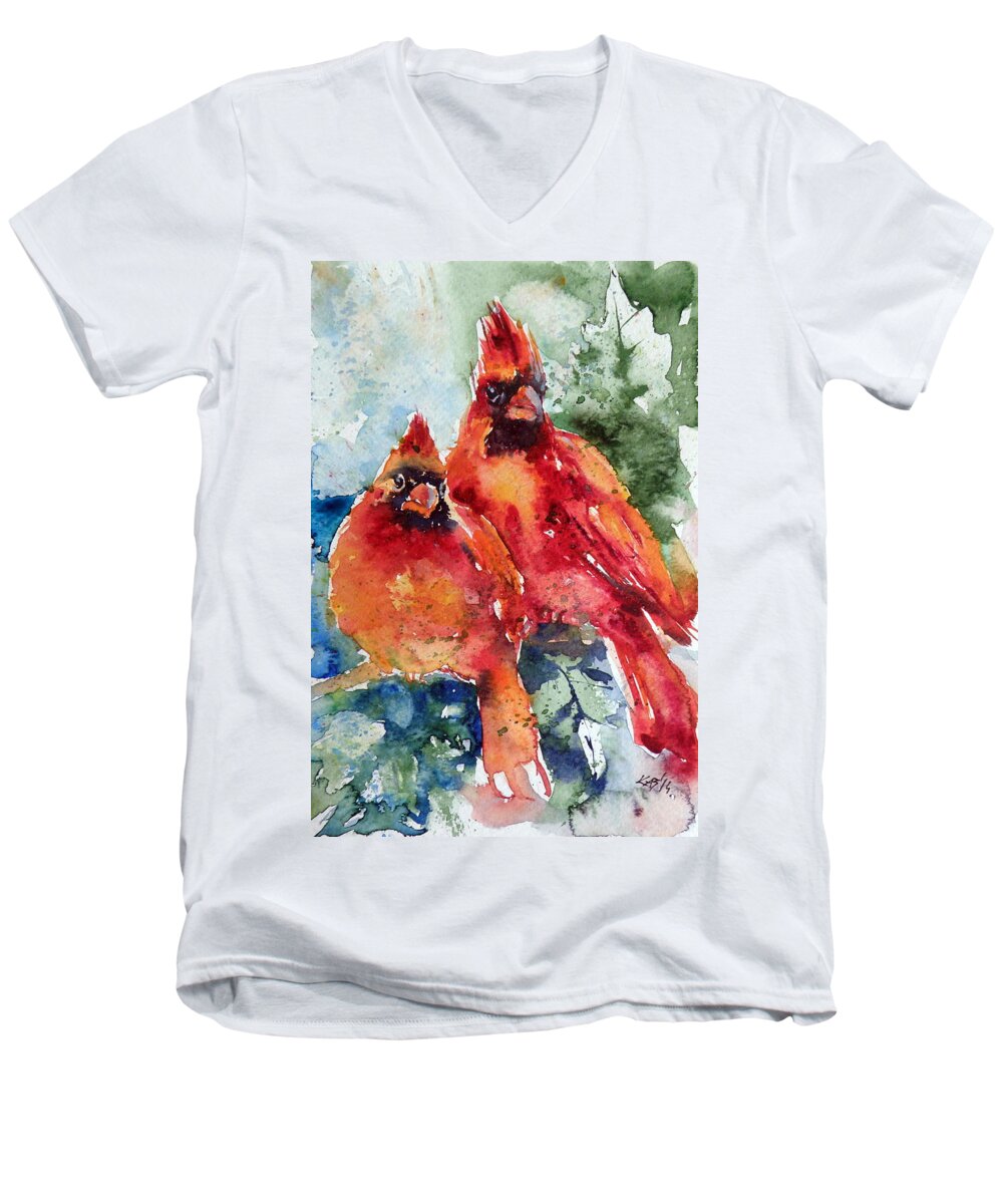 Cardinal Men's V-Neck T-Shirt featuring the painting Cardinal birds by Kovacs Anna Brigitta