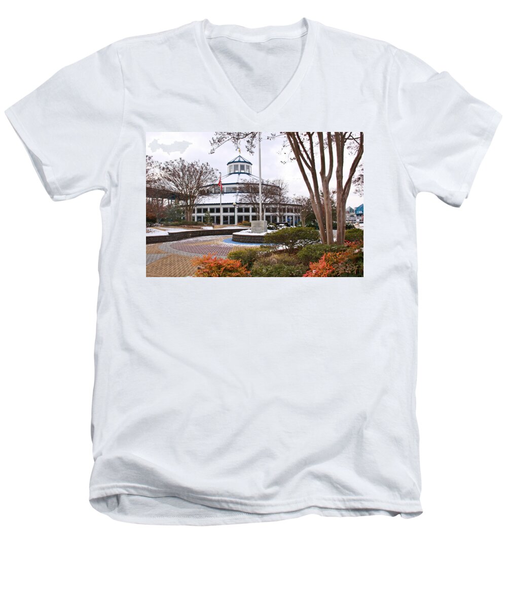 Cory Men's V-Neck T-Shirt featuring the photograph Carousel Building in Snow by Tom and Pat Cory