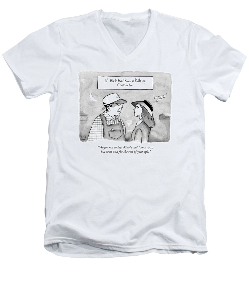 Casablanca Men's V-Neck T-Shirt featuring the drawing Casablanca Parody. If Rick Was A Building by Bob Eckstein