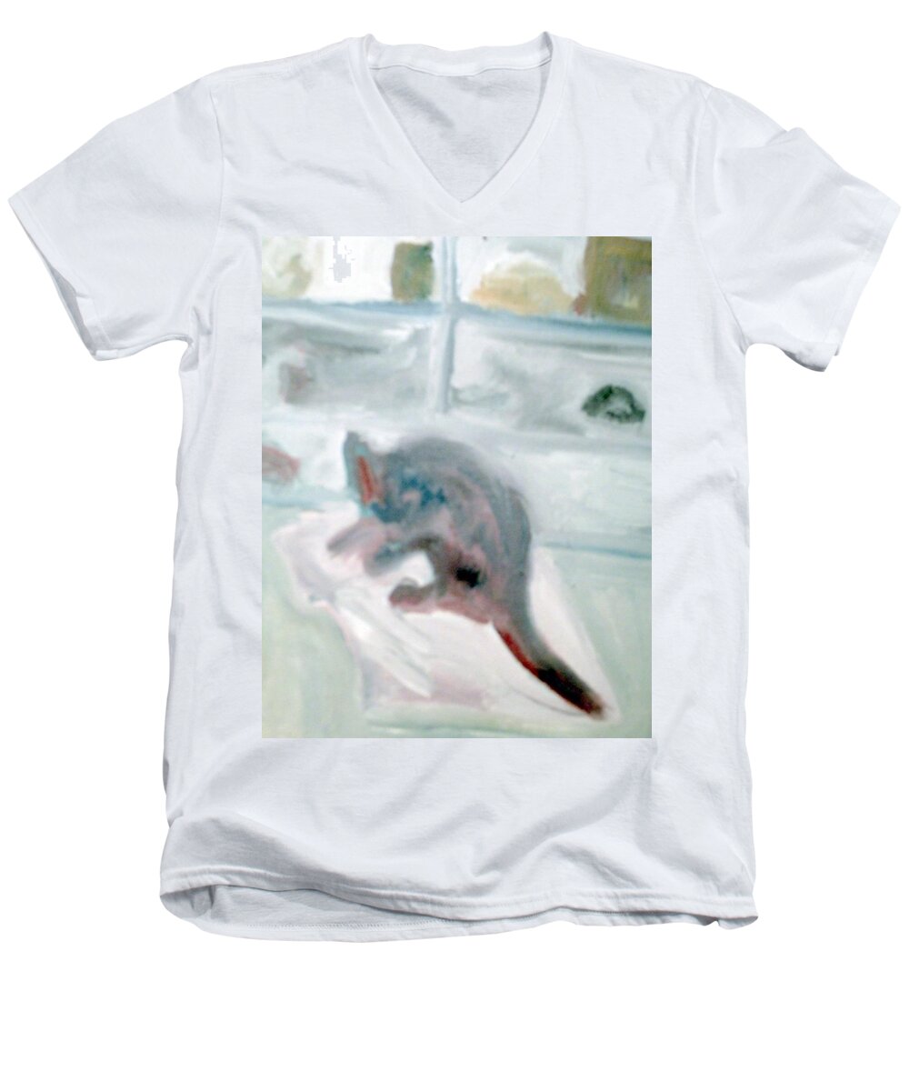 Cat Men's V-Neck T-Shirt featuring the painting Cat in the Garage on a Mat by Shea Holliman