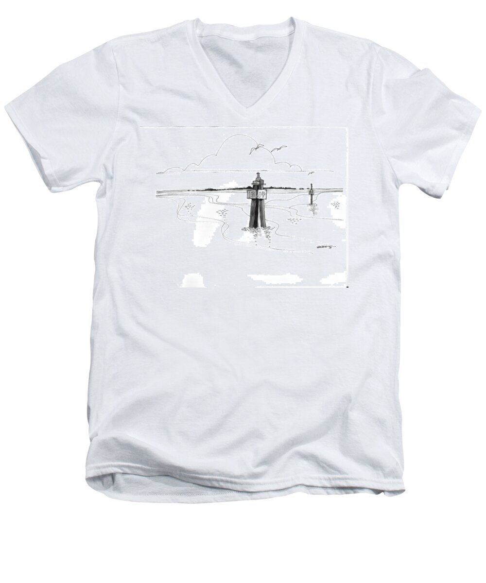 Orcracoke Men's V-Neck T-Shirt featuring the drawing Channel Markers Ocracoke Inlet by Richard Wambach
