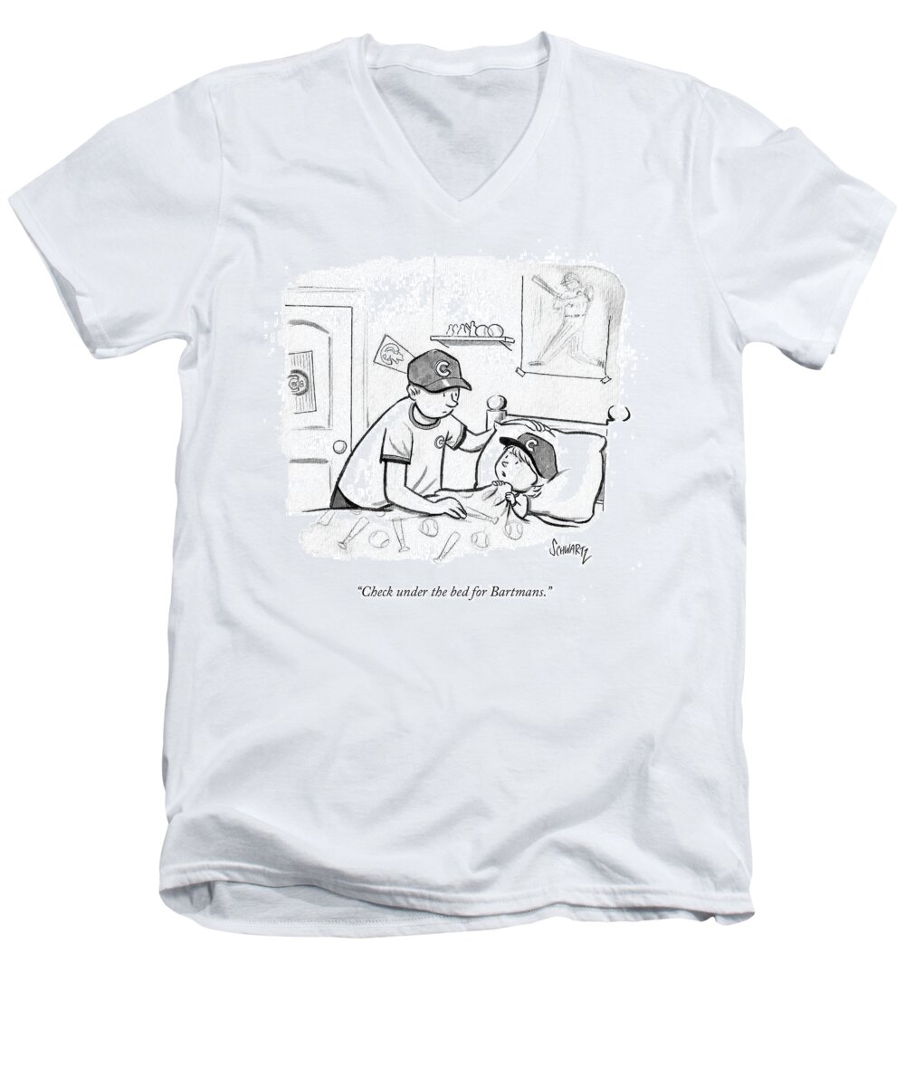 Check Under The Bed For Bartmans.' Men's V-Neck T-Shirt featuring the drawing Check Under The Bed For Bartmans by Benjamin Schwartz