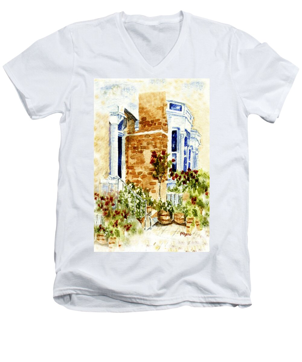 Watercolor Men's V-Neck T-Shirt featuring the painting Chelsea Row by Paula Ayers