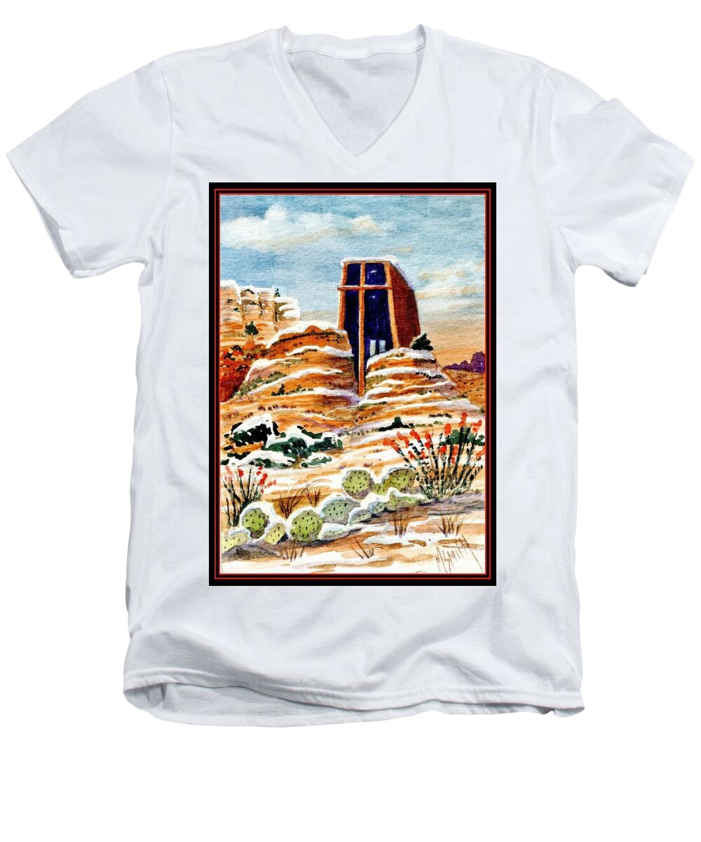Chapel Of The Holy Cross Men's V-Neck T-Shirt featuring the painting Christmas In Sedona by Marilyn Smith