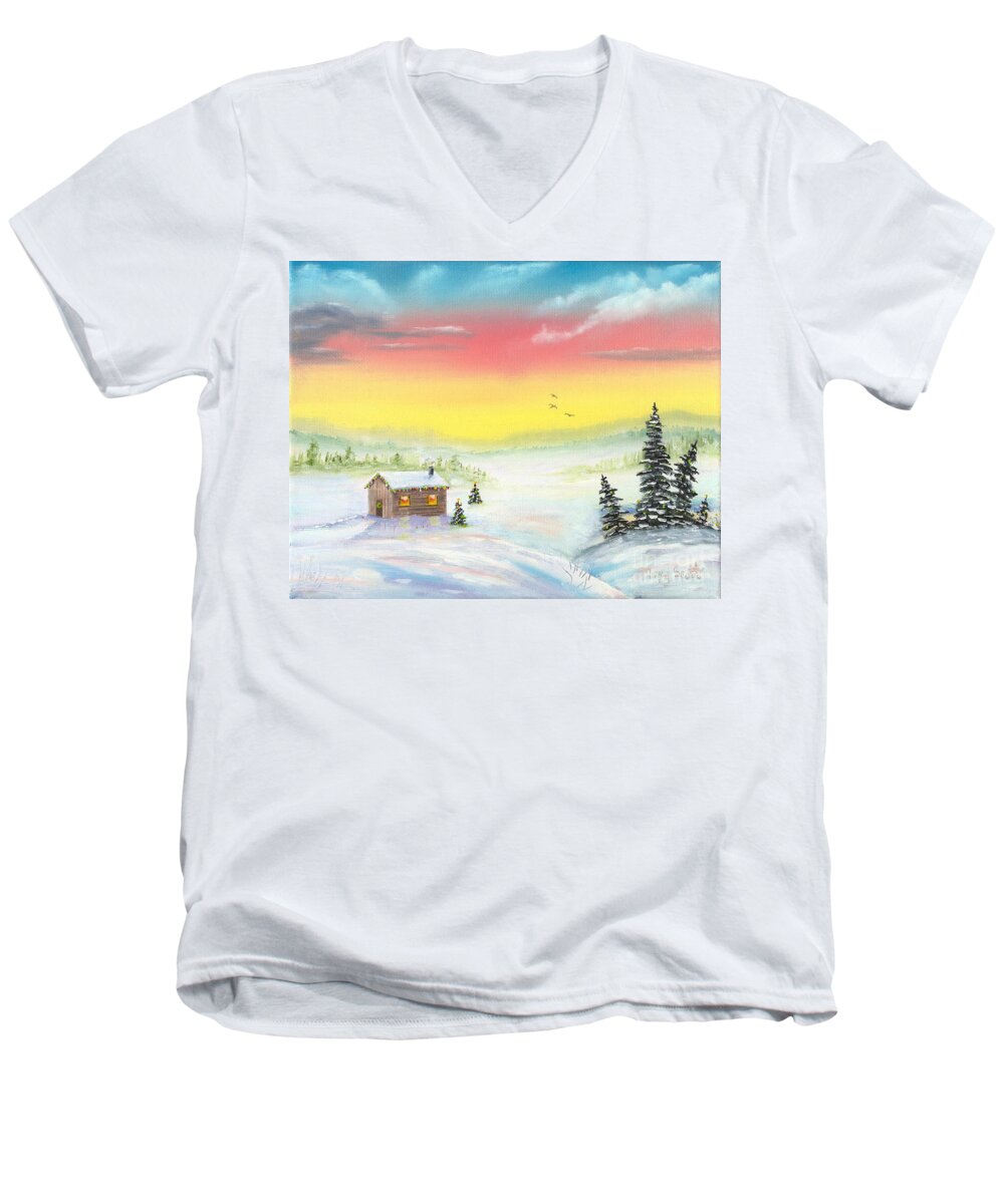 Sunrise Men's V-Neck T-Shirt featuring the painting Christmas Morning by Mary Scott